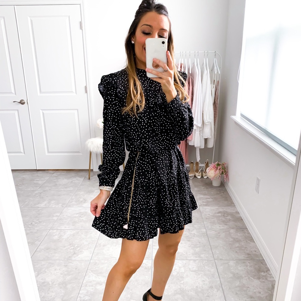 Black Polka Dot Ruffle Hem Shift Dress - Picture 13 of 14